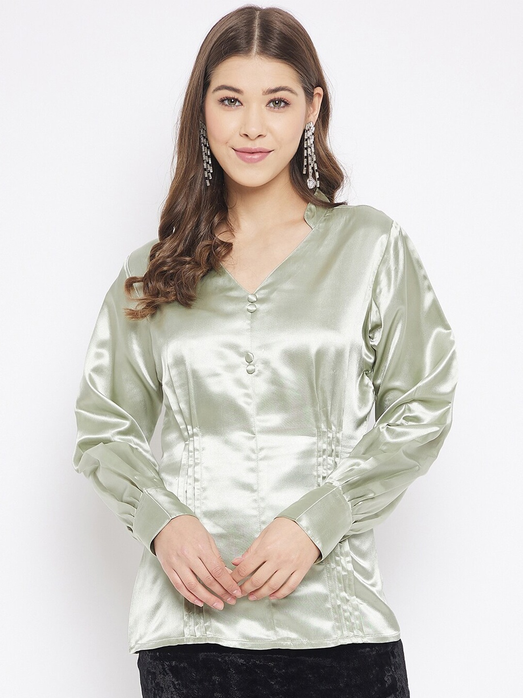 

Bitterlime Green Solid Mandarin Collar Satin Top