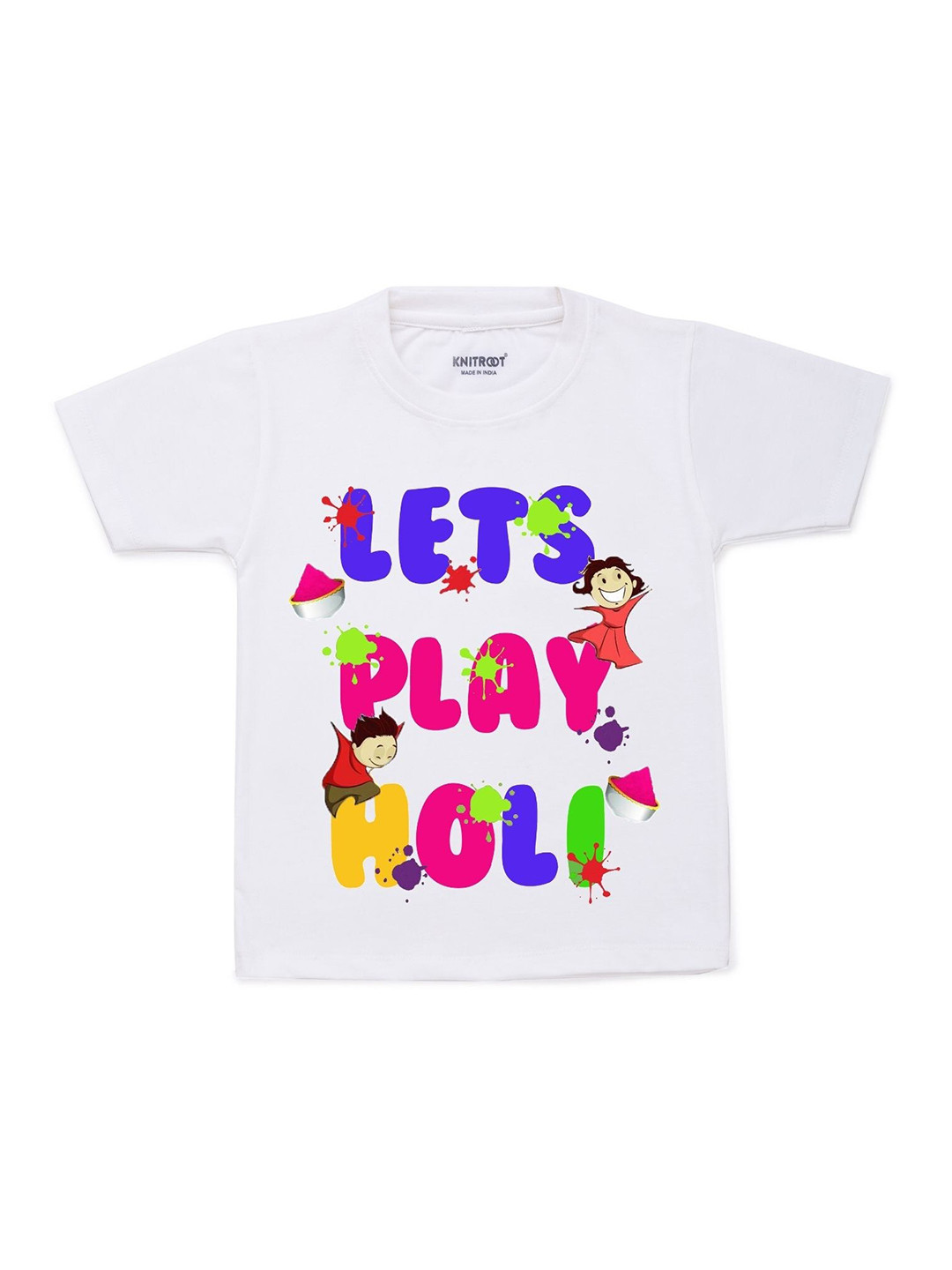 

KNITROOT Kids White & Pink Play Holi Typography Printed T-shirt