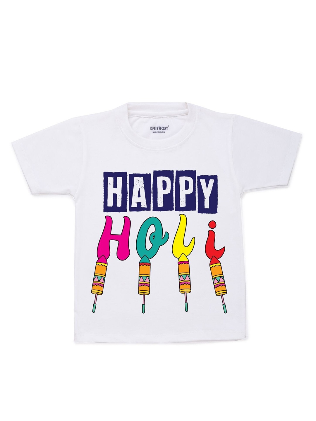 

KNITROOT Kids White & Blue Holi Pichkari Typography Printed T-shirt