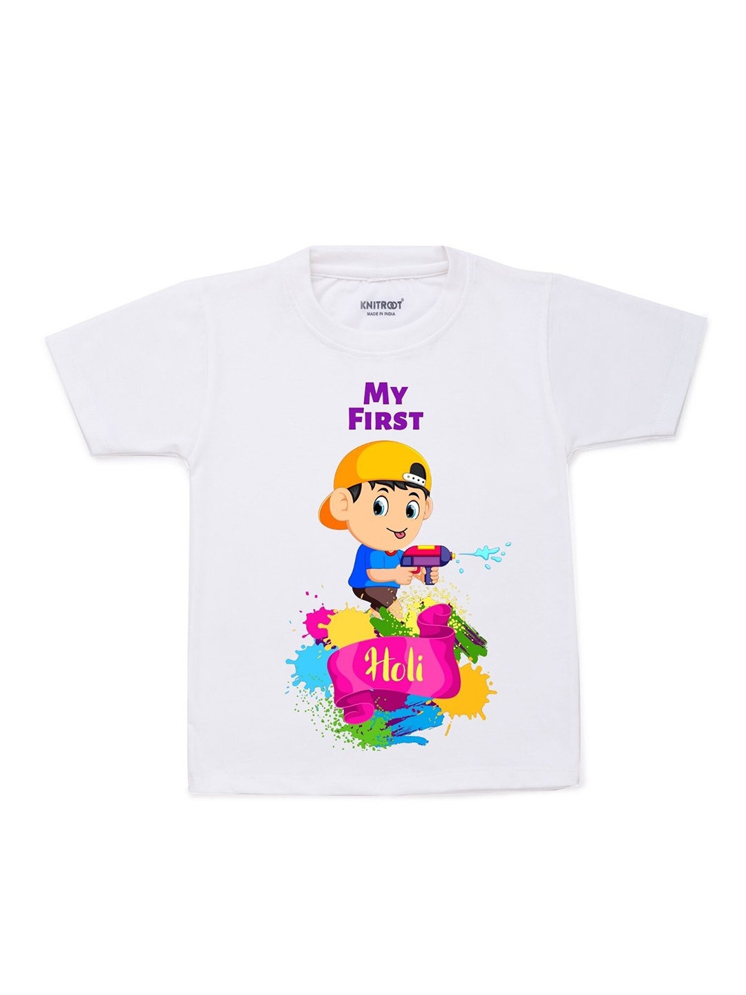 

KNITROOT Kids White & Yellow First Holi Boy Printed T-shirt