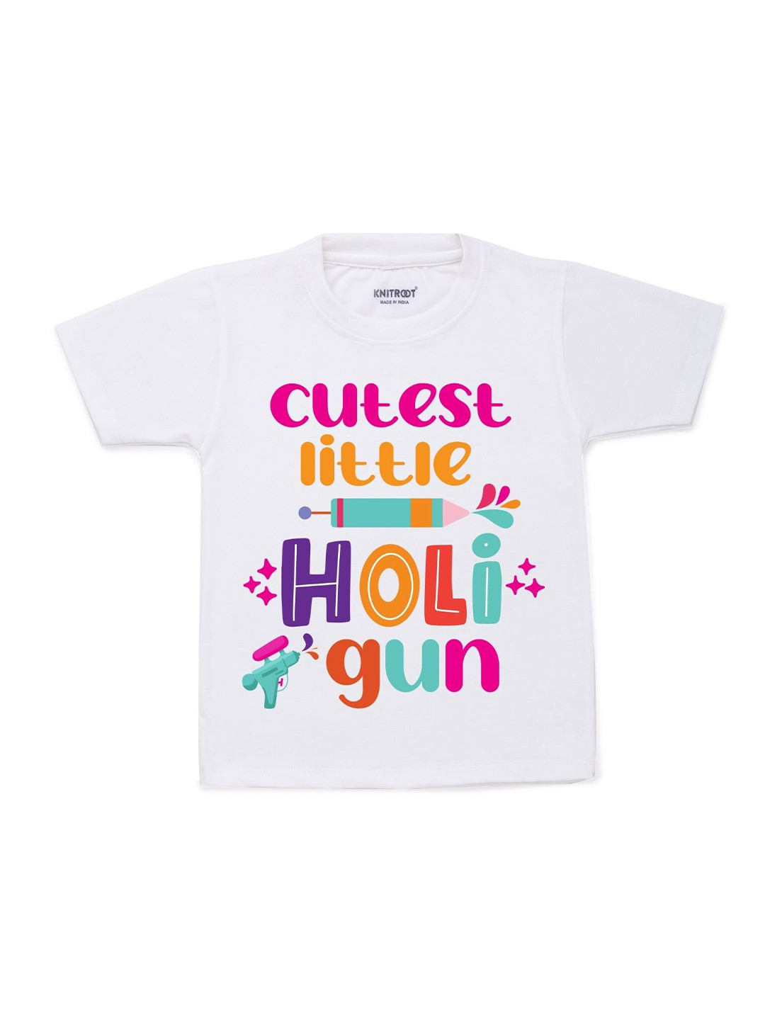 

KNITROOT Kids White & Pink Holi Gun Typography Printed T-shirt