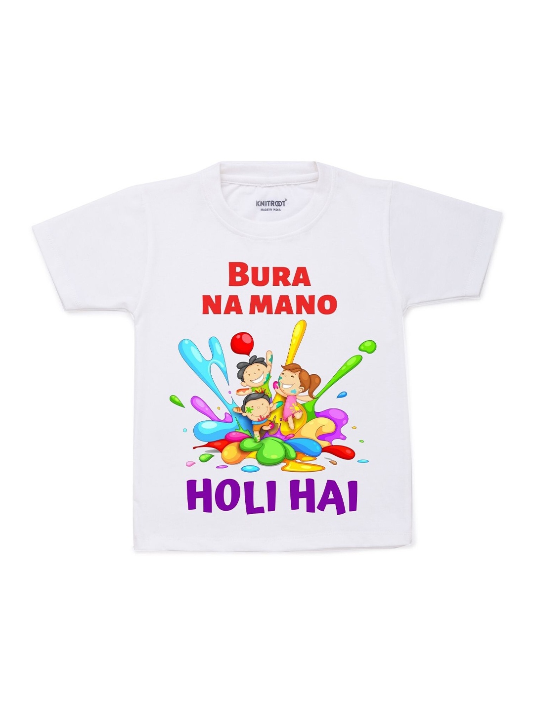 

KNITROOT Kids White & Red Holi Hai Typography Printed T-shirt