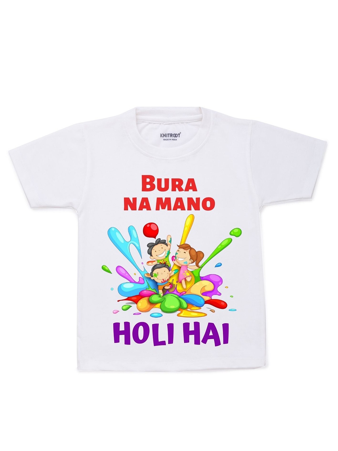 

KNITROOT Kids White & Red Holi Hai Typography Printed T-shirt