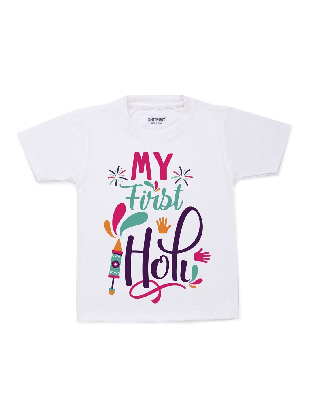 

KNITROOT Kids White & Purple My First Holi Typography Printed T-shirt