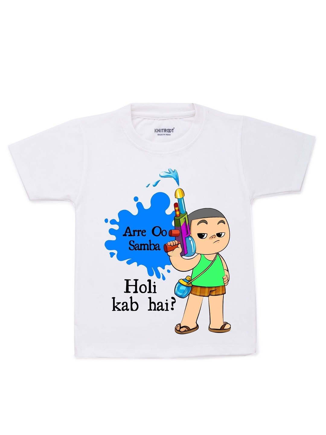 

KNITROOT Kids White & Blue Holi Kab Hai Typography Printed T-shirt