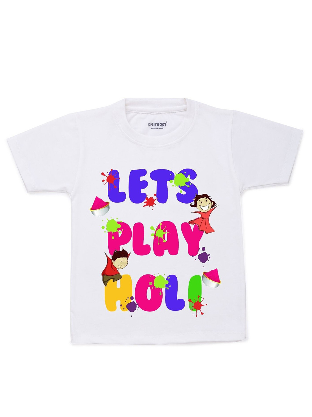 

KNITROOT Kids White & Pink Play Holi Typography Printed T-shirt