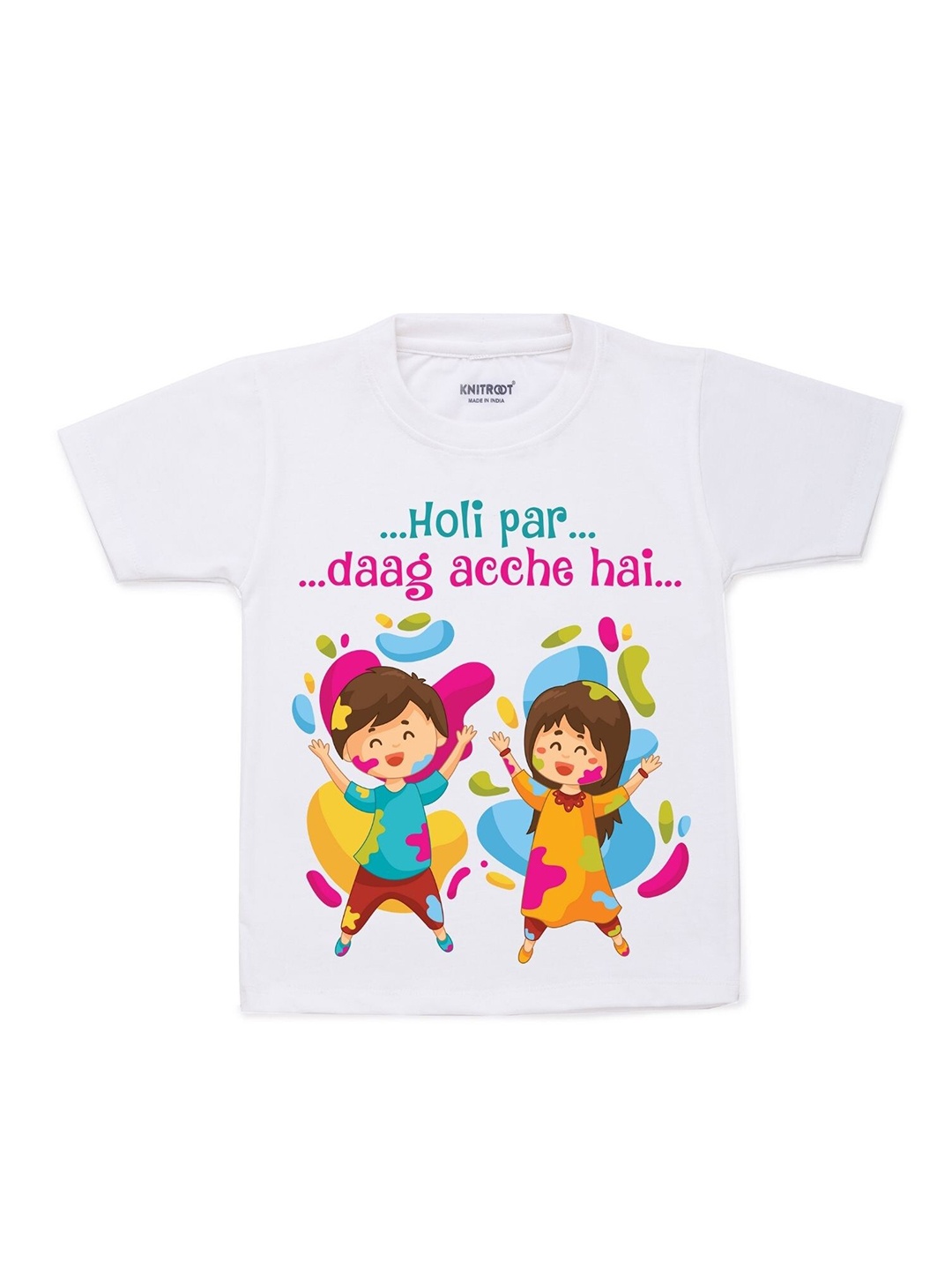 

KNITROOT Kids White & Yellow Holi Par Printed T-shirt