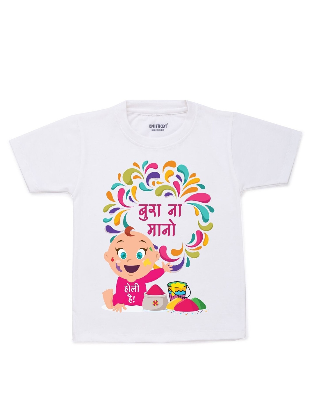 

KNITROOT Kids White & Pink Holi Hai Baby Printed T-shirt