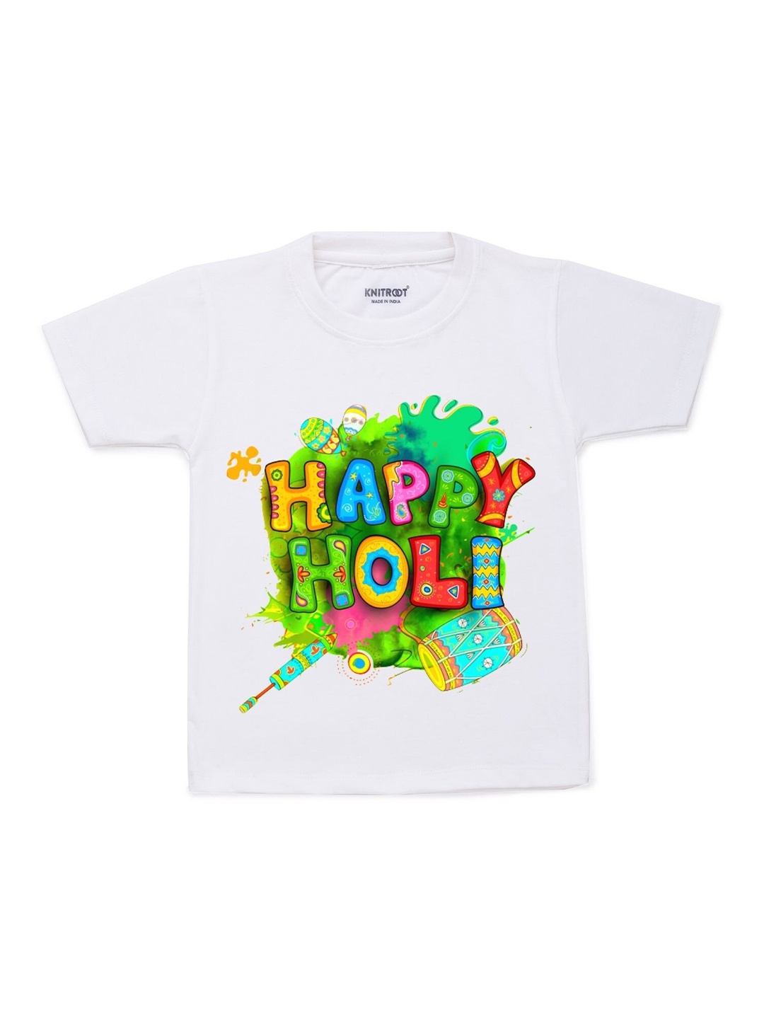 

KNITROOT Kids White & Green Happy Holi Typography Printed T-shirt