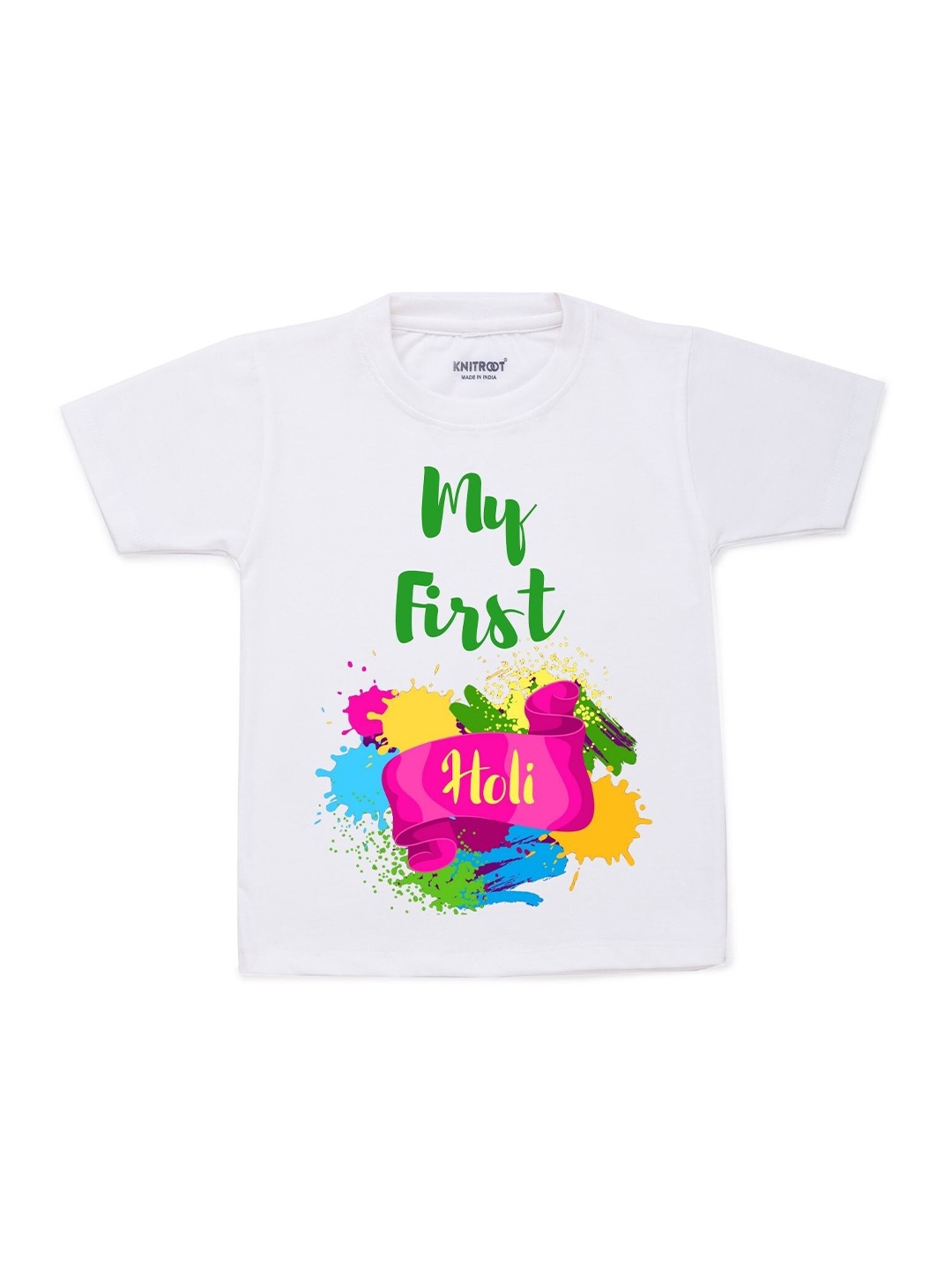

KNITROOT Kids White & Green First Holi Typography Printed T-shirt