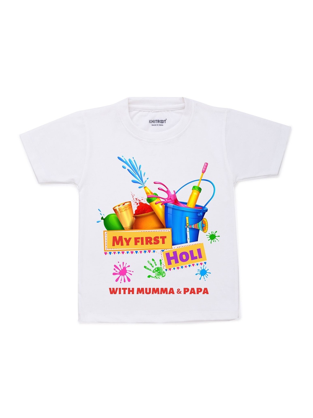 

KNITROOT Kids White & Yellow First Holi Printed T-shirt