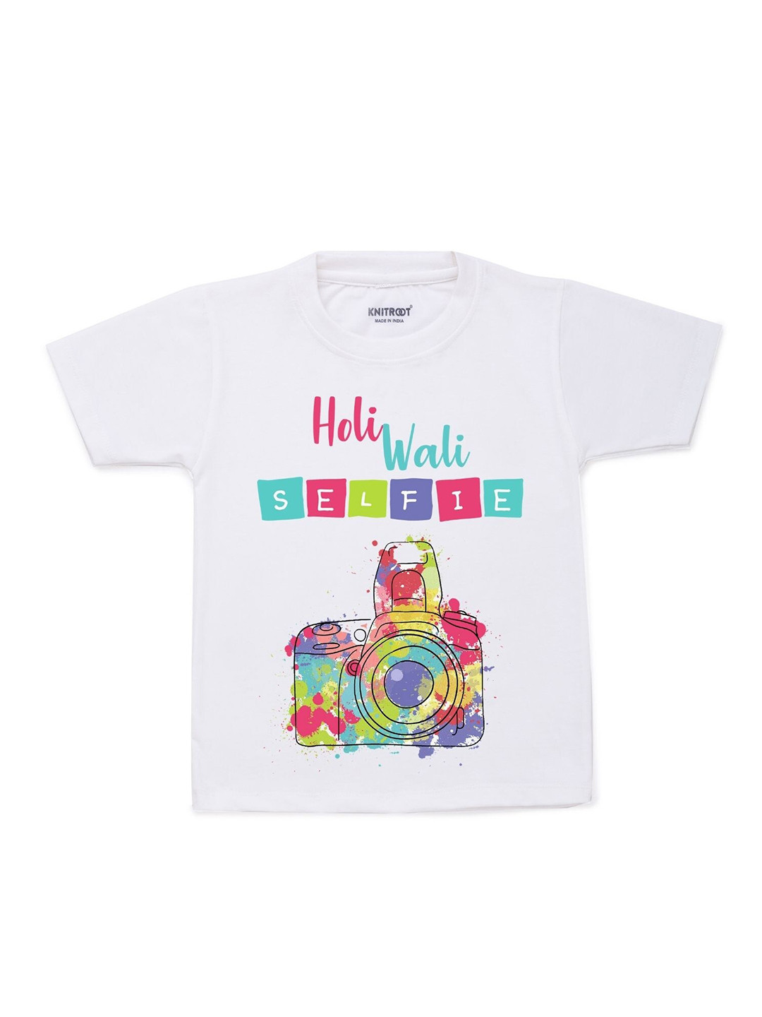 

KNITROOT Kids White & Green Holi Selfie Printed T-shirt