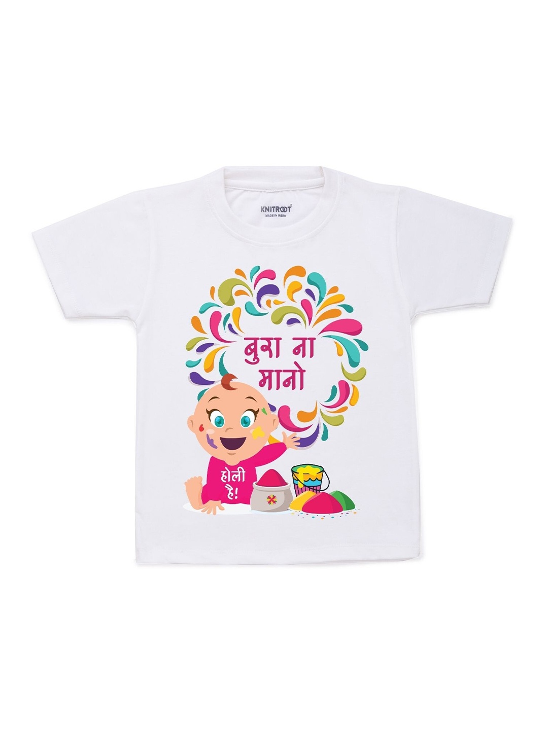 

KNITROOT Kids White & Pink Holi Hai Baby Printed T-shirt