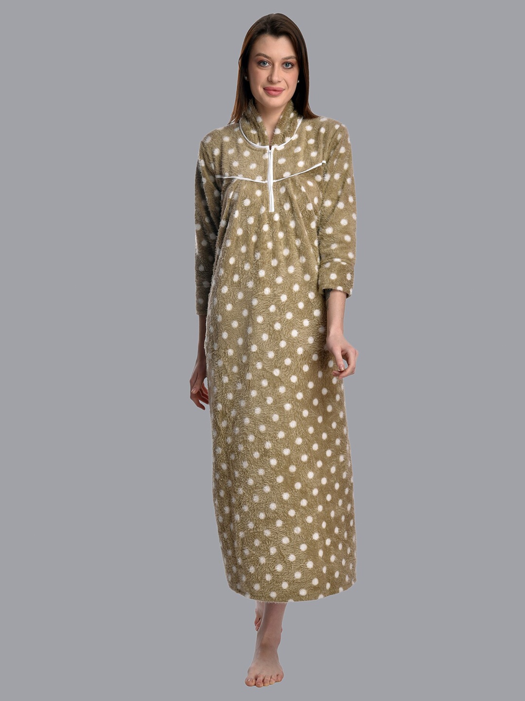 

CIERGE Women Camel Brown & White Polka Dots Printed Maxi Sweat Nightdress