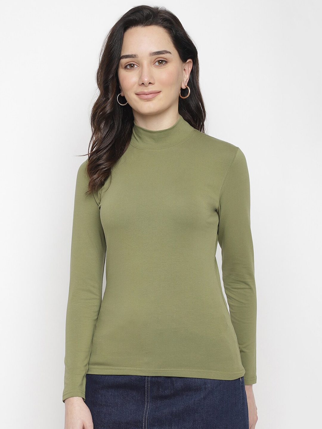 

La Intimo Olive Green Solid High Neck Top