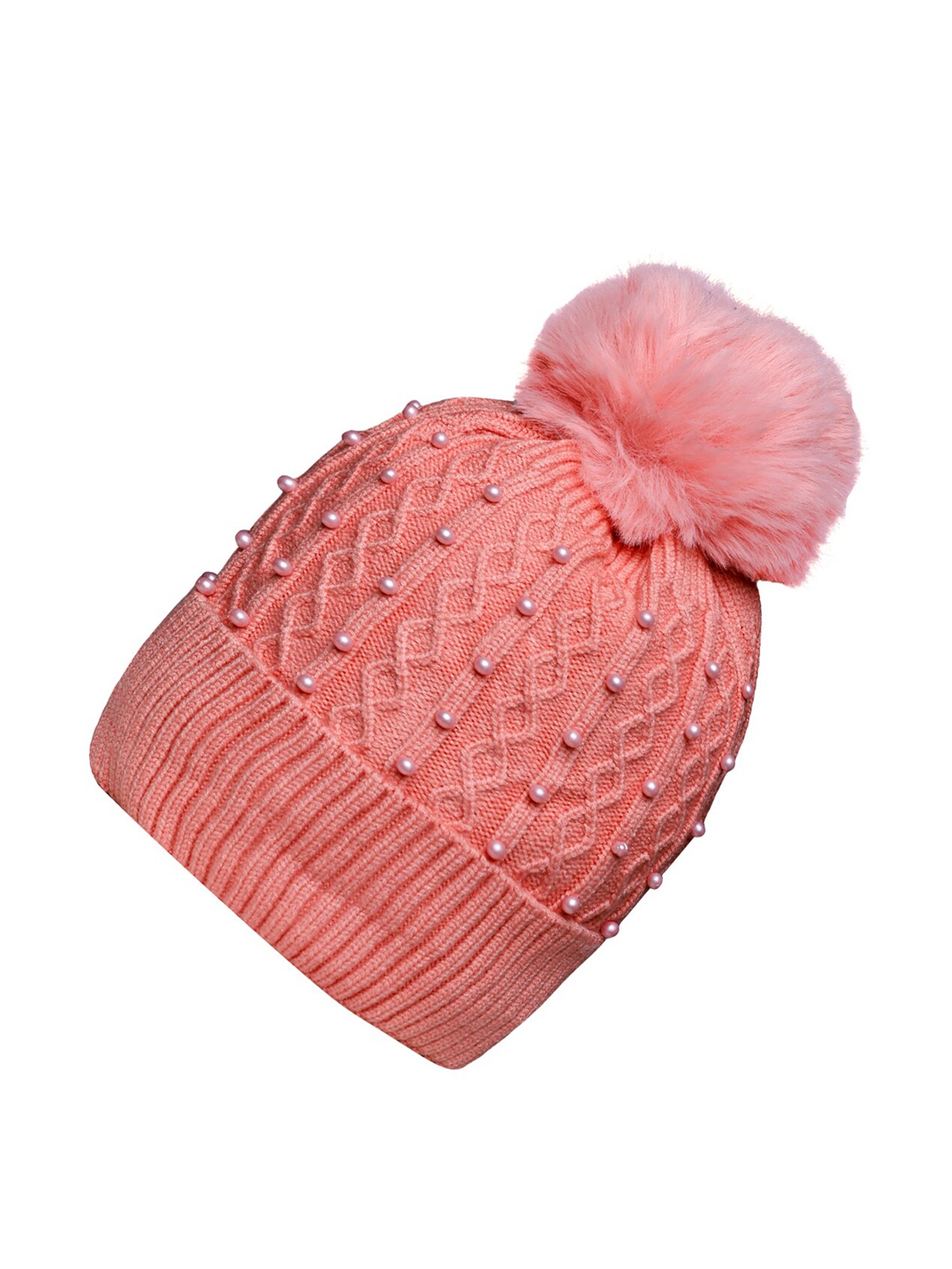 

LOOM LEGACY Women Orange Self Design Pearl Embellished Beanie