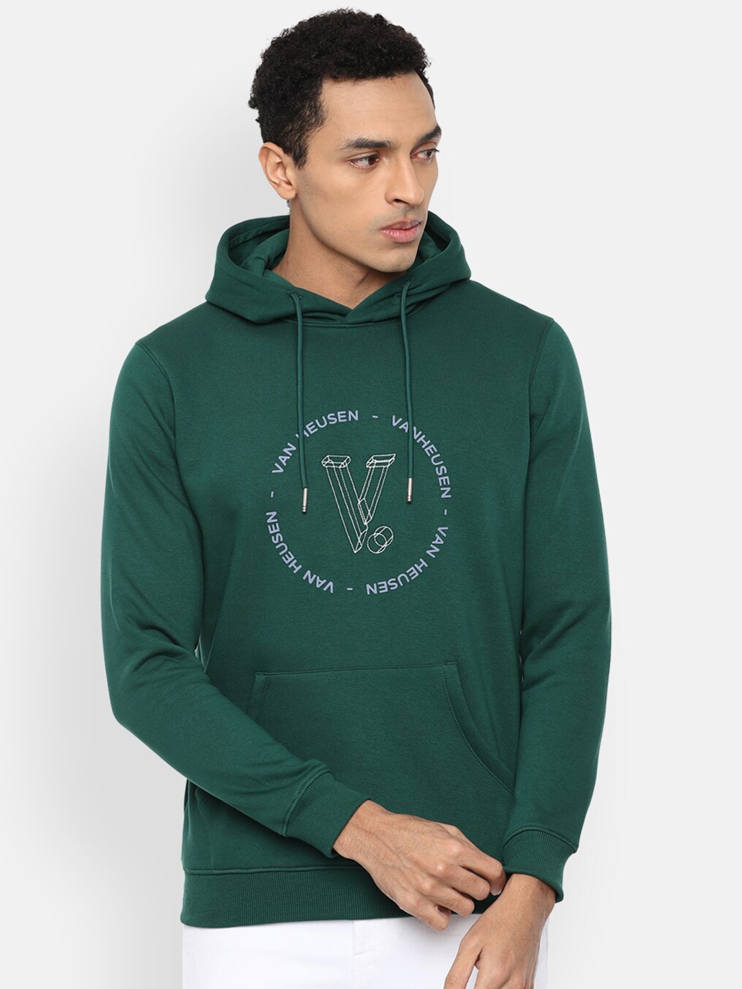 

V Dot Men Green Printed Hooded Sweatshirt