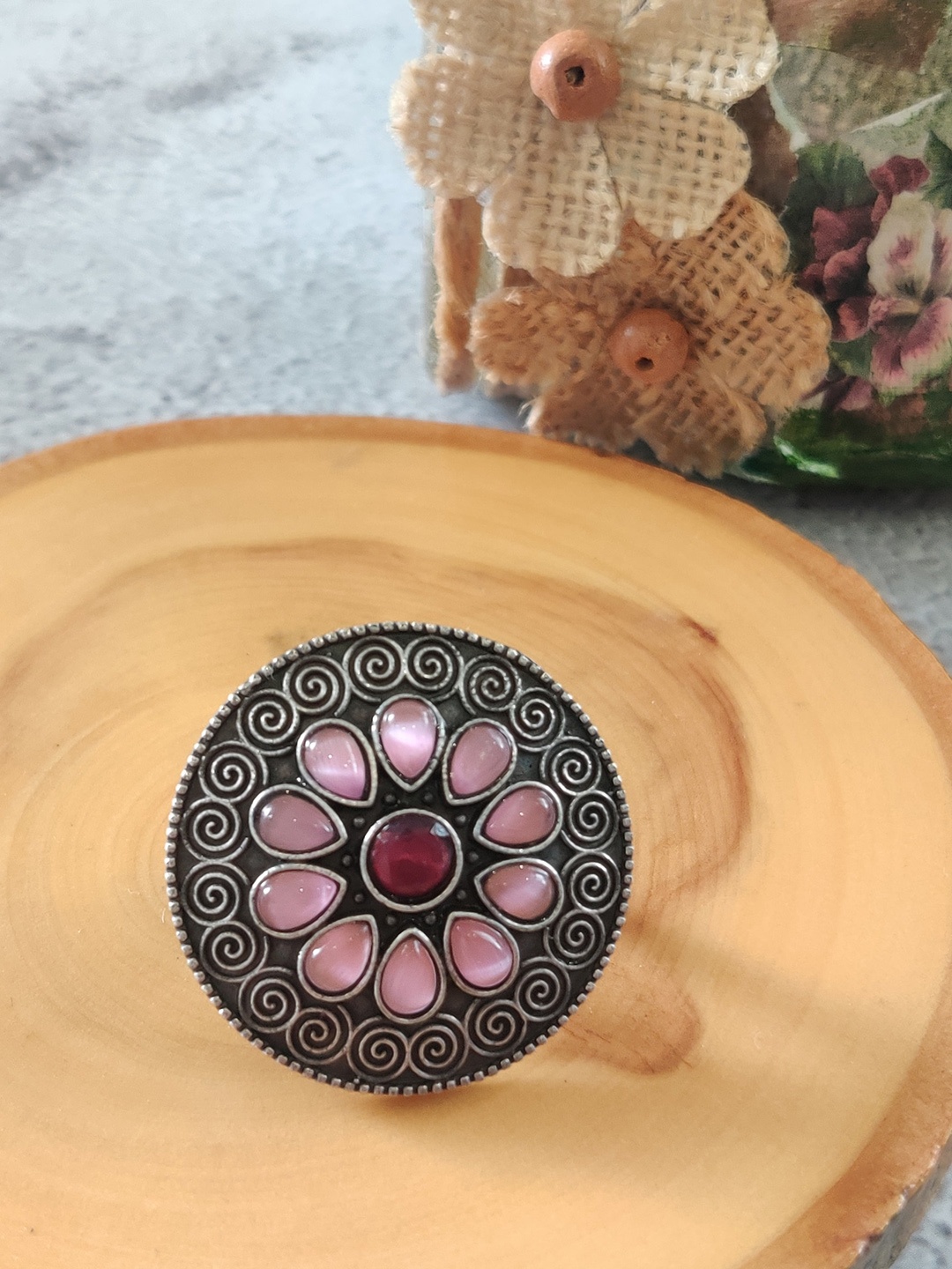 

EL REGALO Silver-Toned Pink Stone-Studded Antique Adjustable Finger Ring