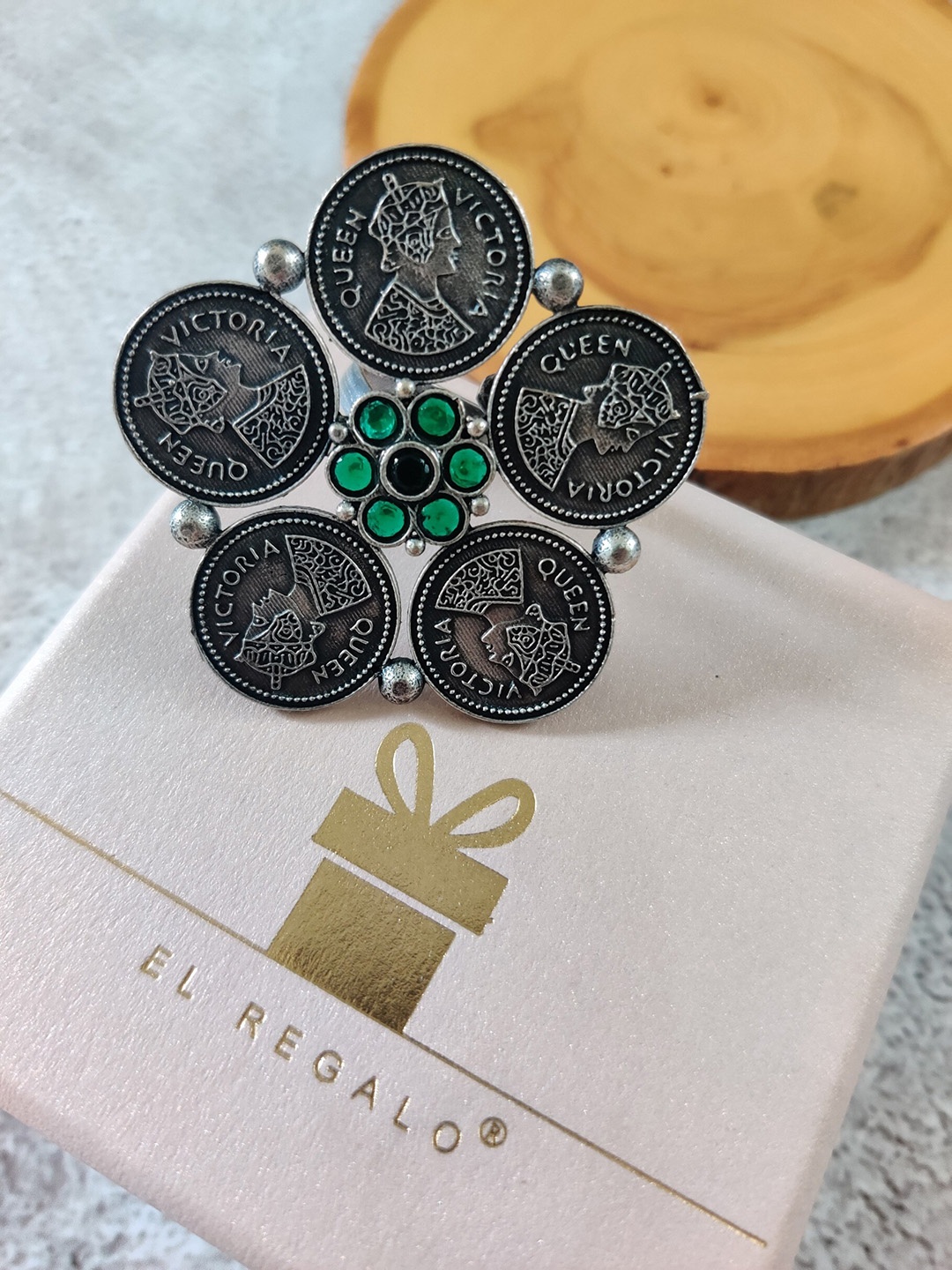 

EL REGALO Silver-Toned & Green Stone-Studded Antique Adjustable Finger Ring