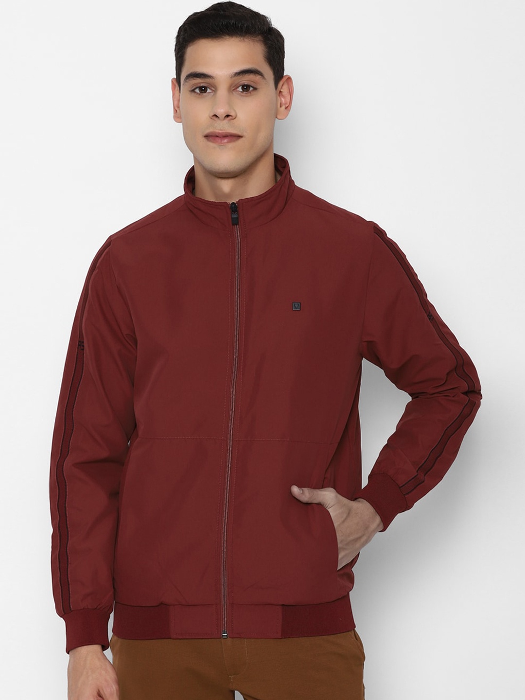 

Allen Solly Men Maroon Solid Pure Cotton Bomber Jacket