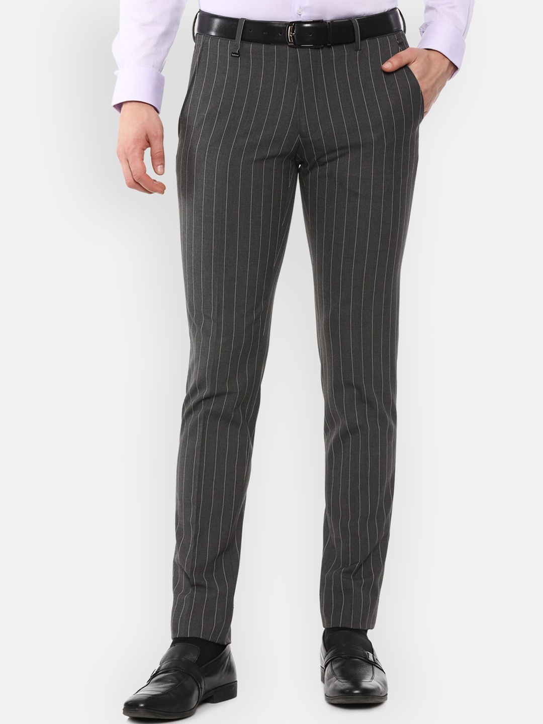 

Van Heusen Men Grey Striped Slim Fit Trousers