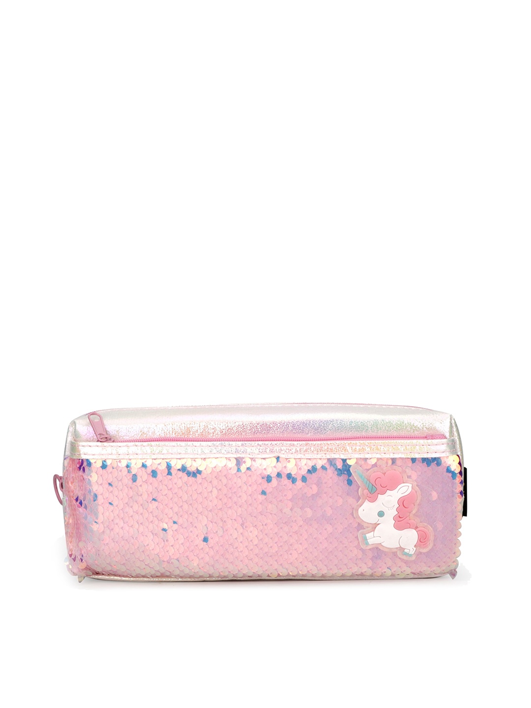 YK Silver-Toned & Pink Multi-Utility Flip Sequined Pencil Pouch