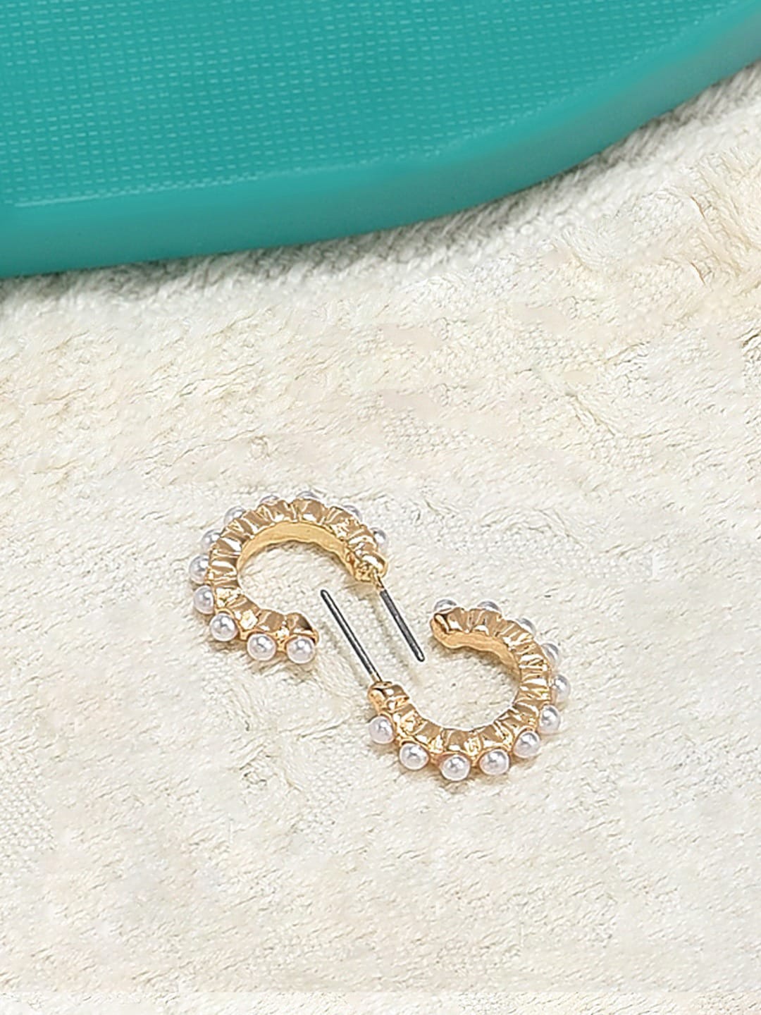 

AMI Gold-Plated & White Studded Contemporary Half Hoop Earrings