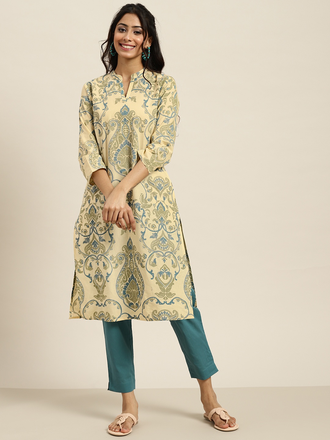 

Sangria Women Beige & Teal Green Ethnic Motifs Printed Pure Cotton Kurta with Trousers