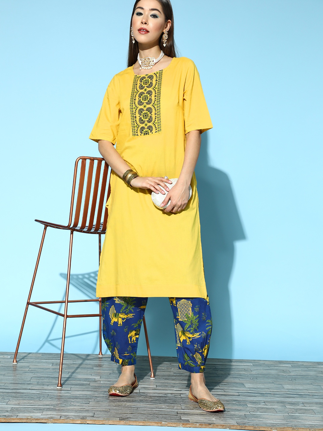 

Sangria Ethnic Motifs Pure Cotton Elevated Bottom Kurta Set, Yellow