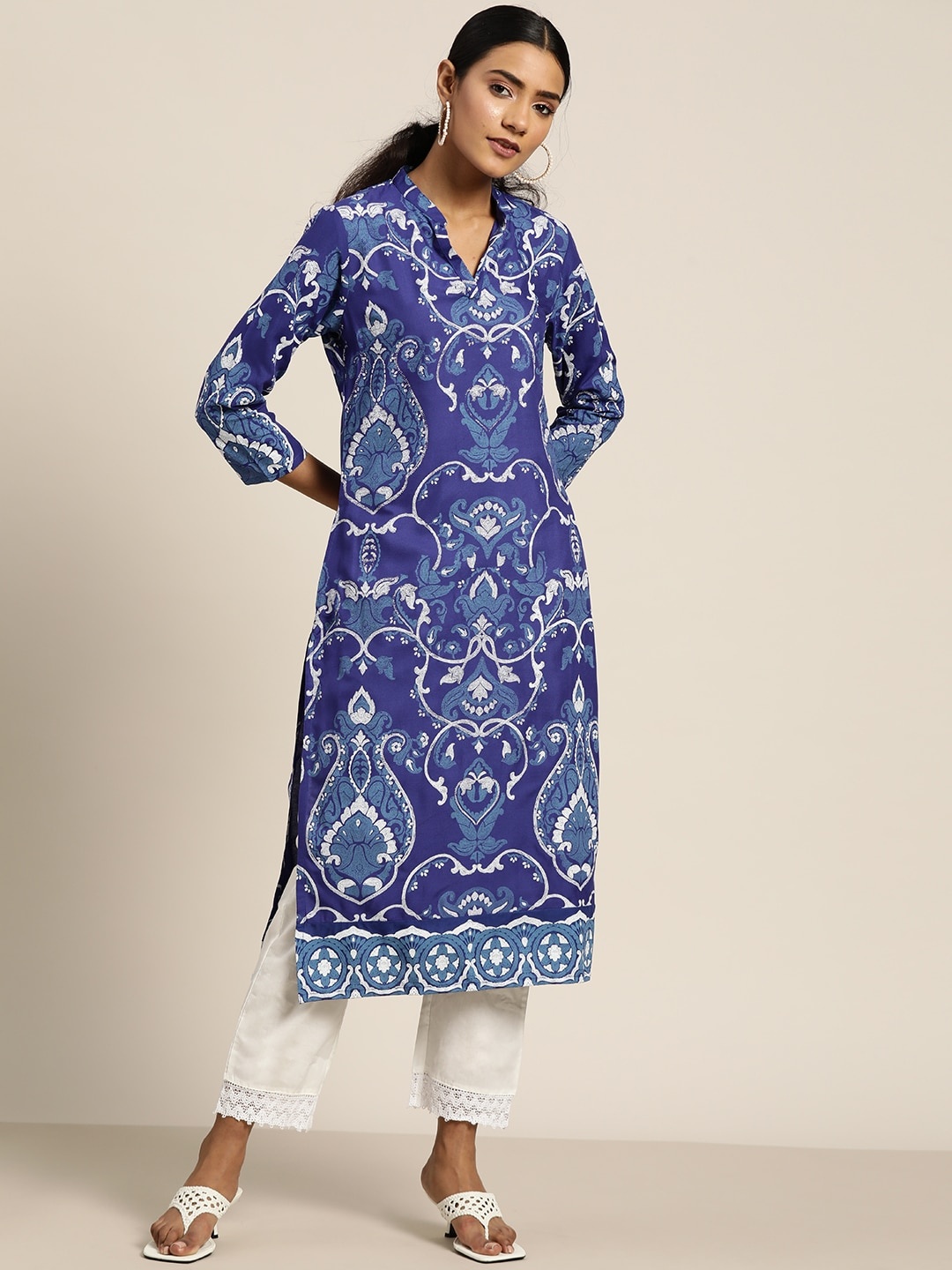 

Sangria Women Blue & Off-White Ethnic Motifs Printed Kurta