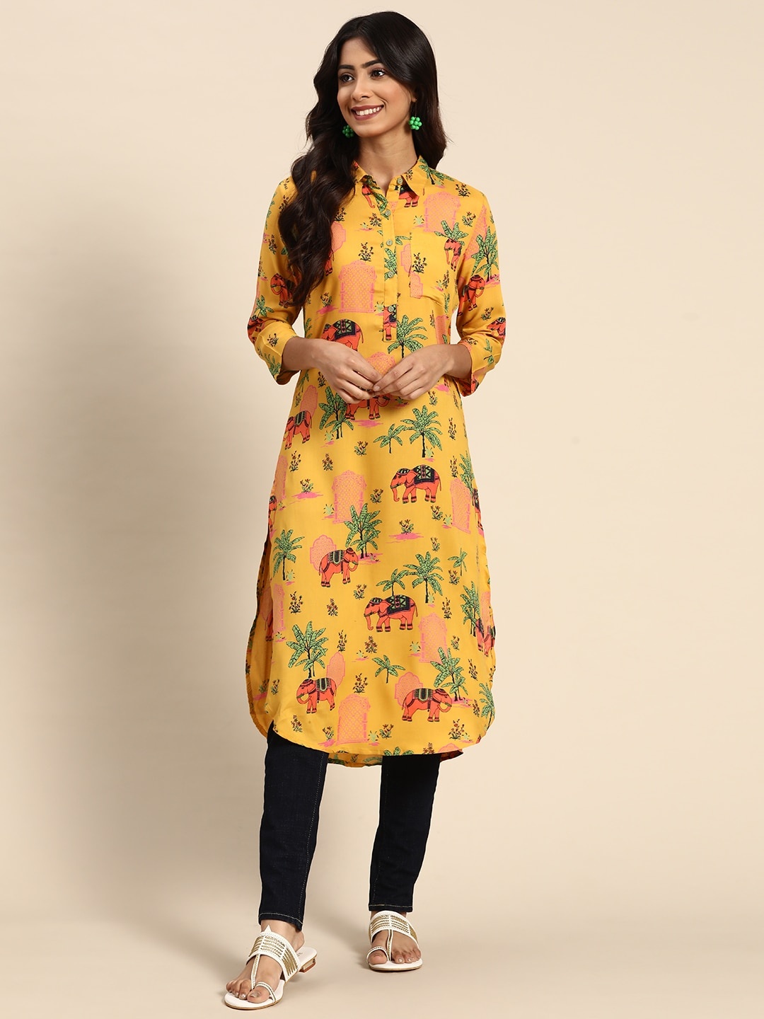 

Sangria Women Mustard Yellow & Green Ethnic Motifs Printed Kurta