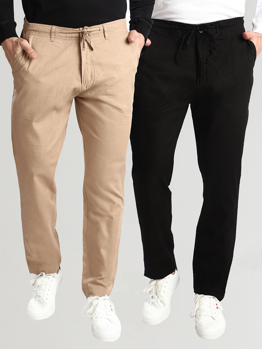 

Dream of Glory Inc Men Pack Of 2 Black & Beige Relaxed Cotton Straight Leg Trousers