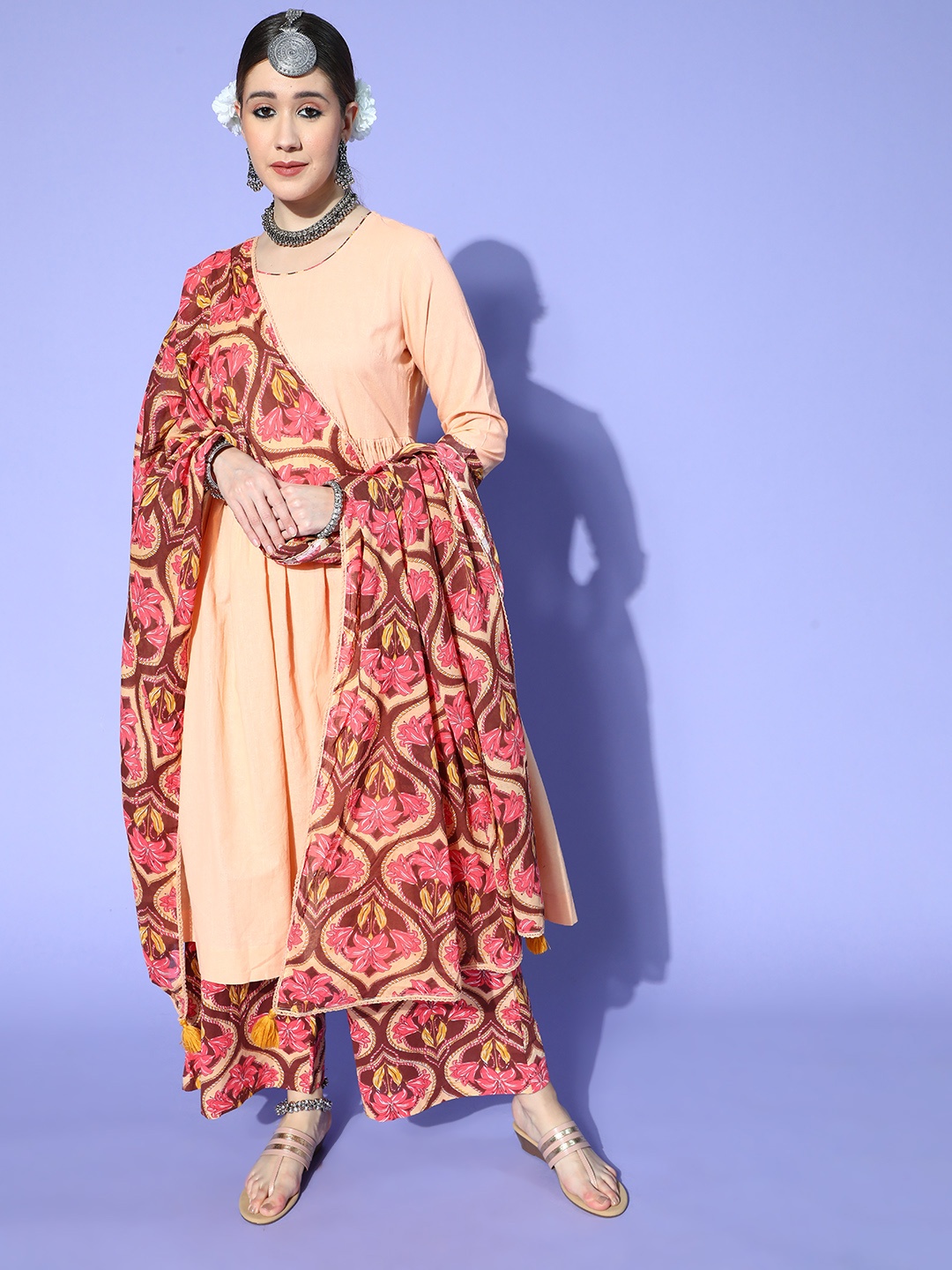 

Sangria Women Peach & Pink Floral Pure Cotton A-Line Kurta with Palazzos & Dupatta
