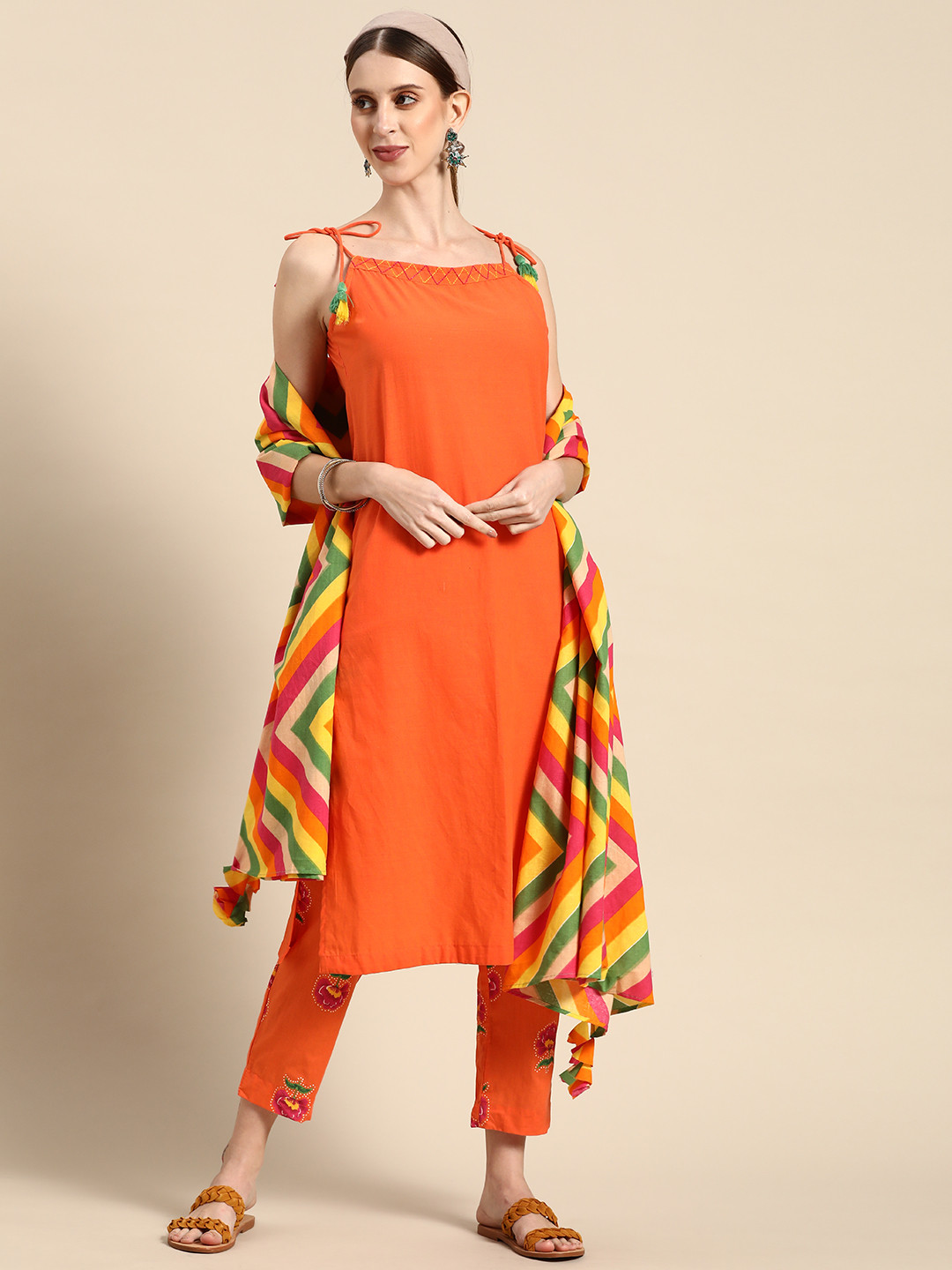 

Sangria Women Orange Ethnic Motifs Pure Cotton Kurta with Trousers & Dupatta