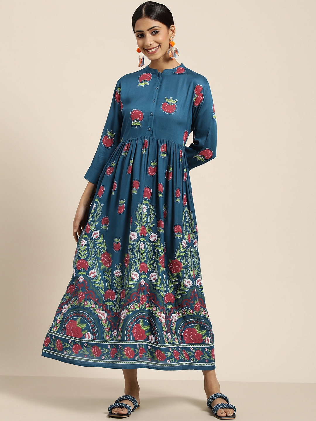 

Sangria Teal Green & Red Ethnic Motifs Ethnic A-Line Midi Ethnic Dress