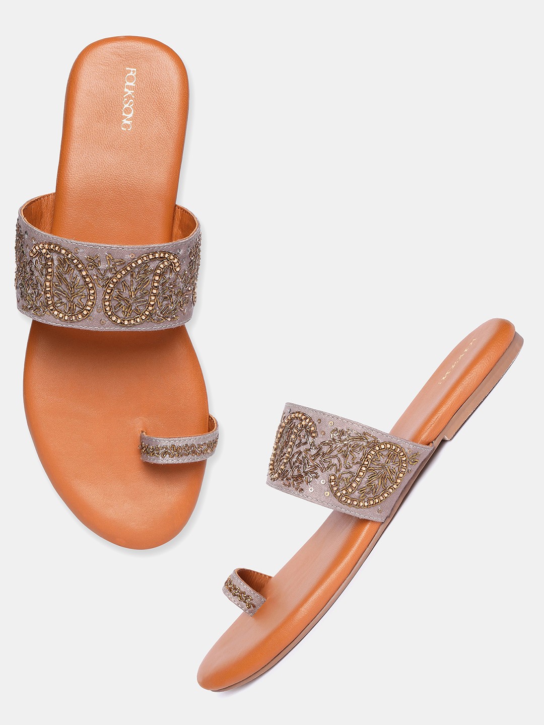 

W The Folksong Collection Women Grey Embellished Leather Party One Toe Flats