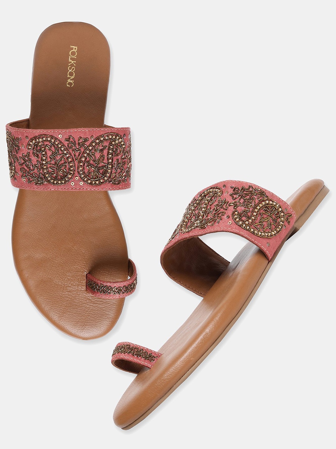 

W The Folksong Collection Women Pink Embellished Leather Ethnic One Toe Flats