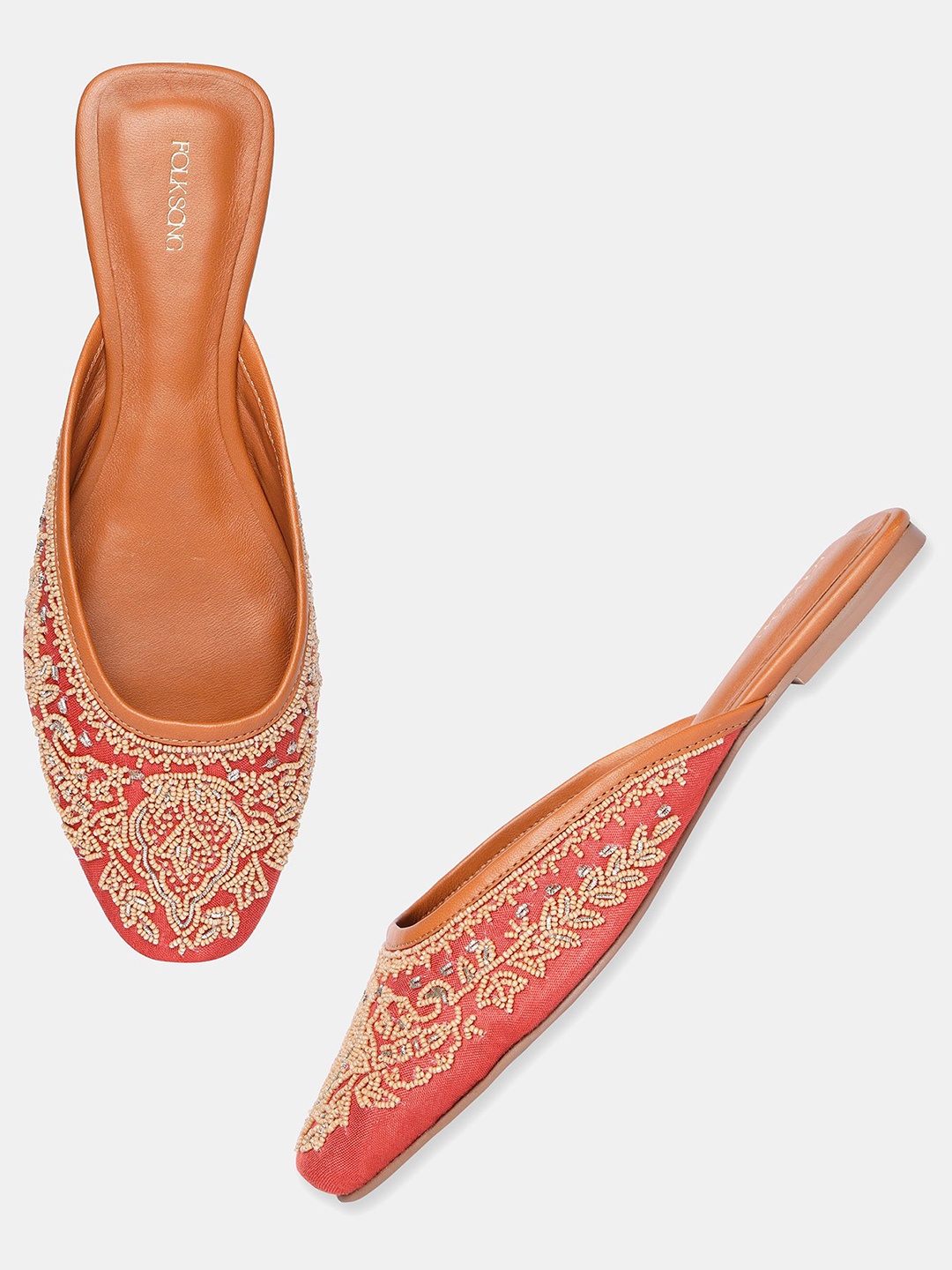 

W The Folksong Collection Women Rust Orange Ethnic Mules Flats