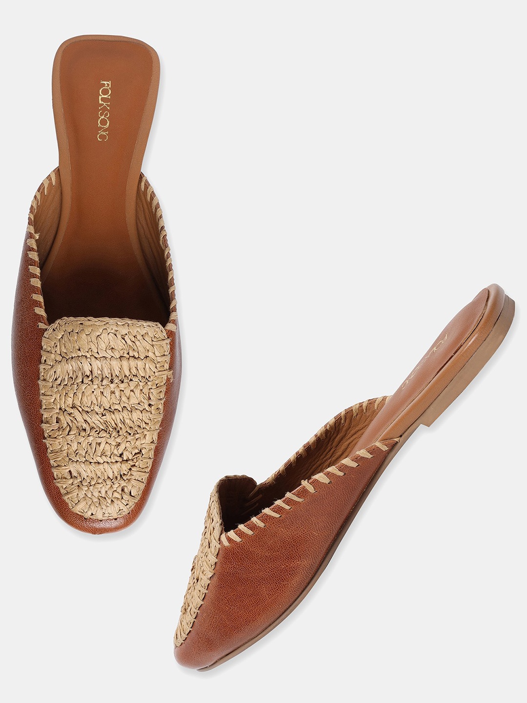 

W The Folksong Collection Women Tan Mules Woven Design Mules