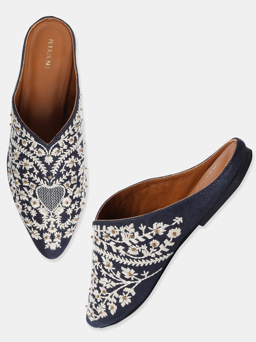 

W The Folksong Collection Women Navy Blue Embellished Leather Ethnic Mules Flats