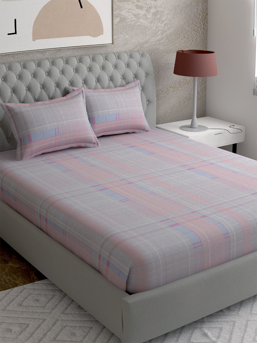 

EverHOME Grey & Pink Geometric 210 TC Queen Bedsheet with 2 Pillow Covers