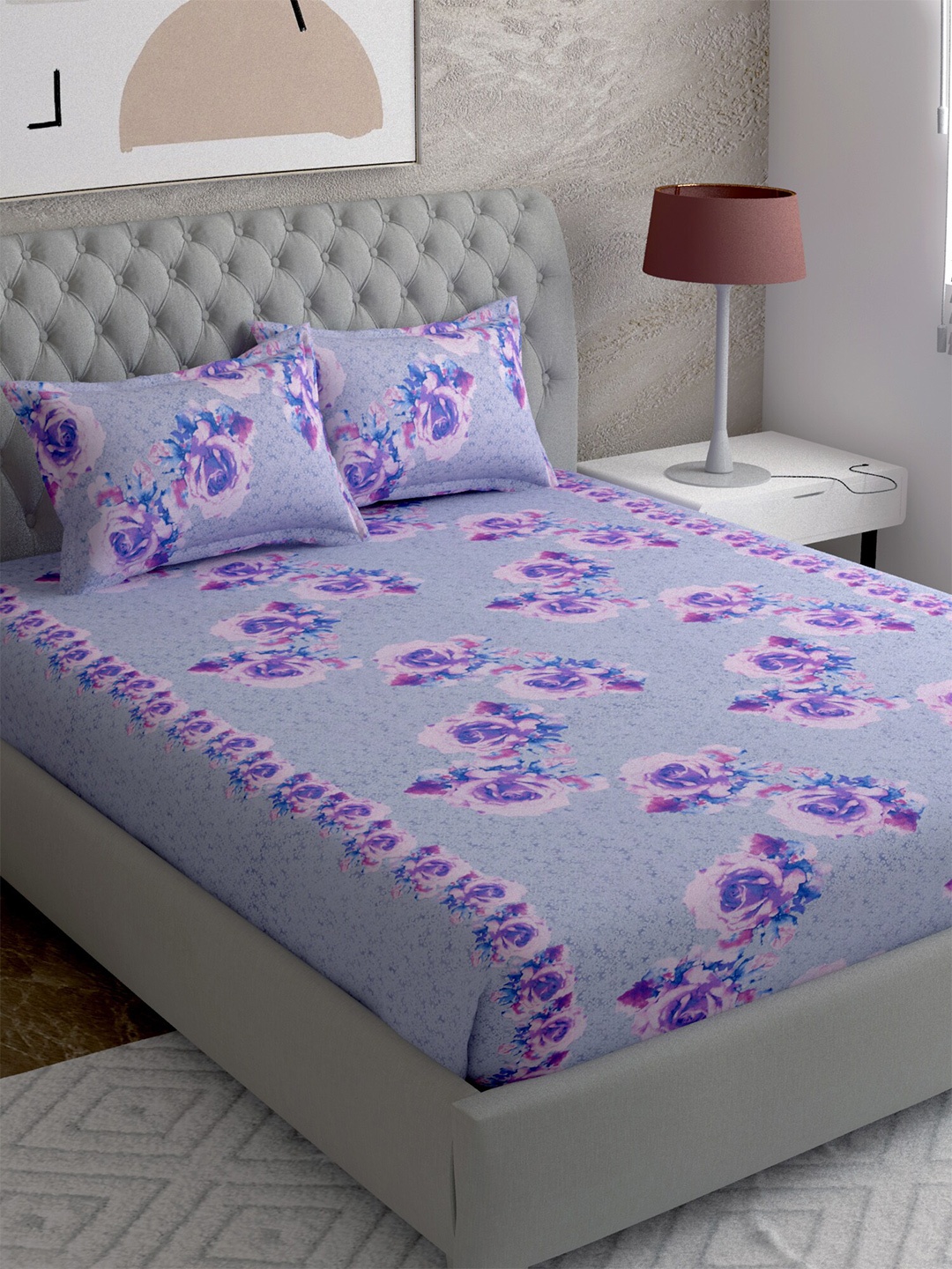 

EverHOME Grey & Pink Floral 210 TC Queen Bedsheet with 2 Pillow Covers