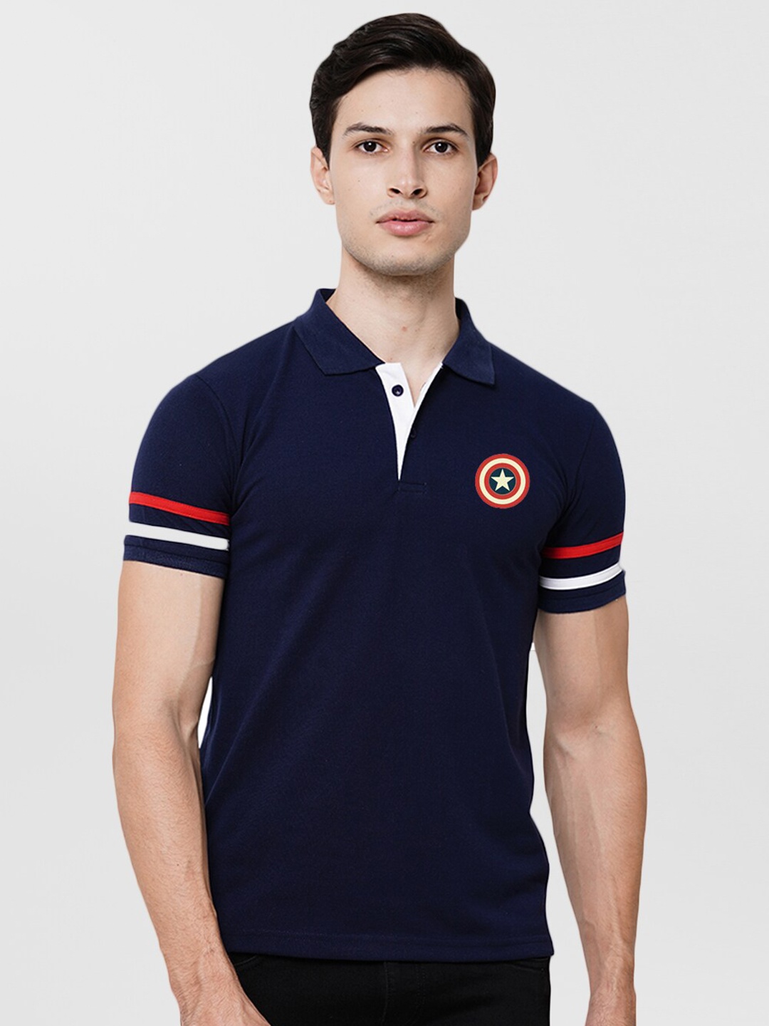 

Wear Your Opinion Men Blue Mandarin Collar Applique T-shirt