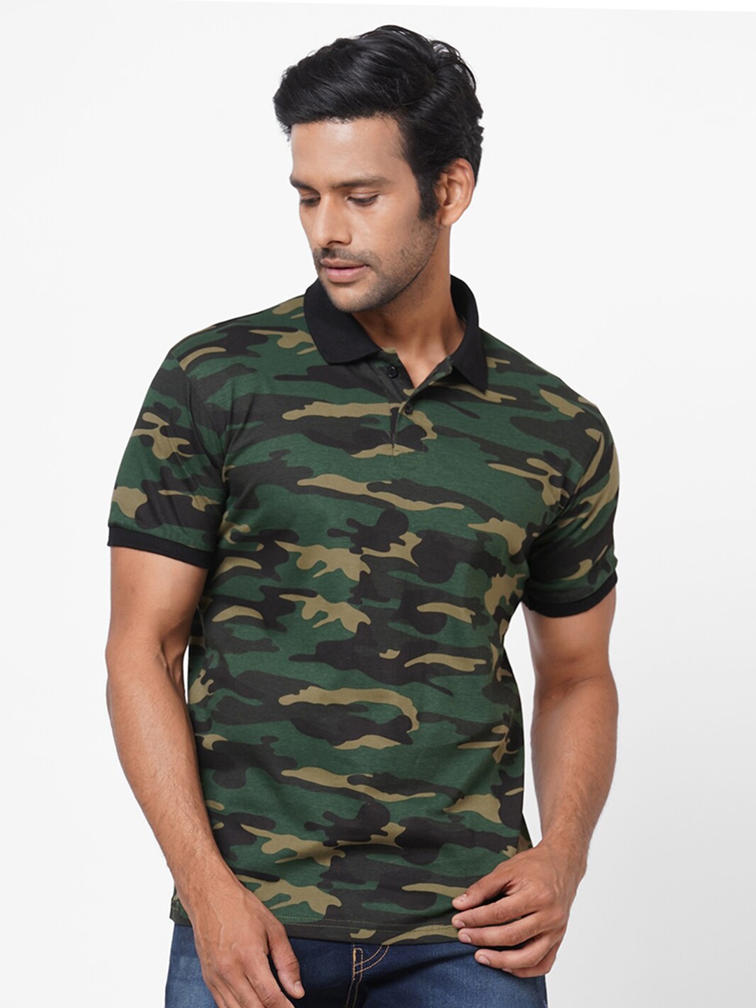 

Wear Your Opinion Men Green Camouflage Printed Polo Collar T-shirt