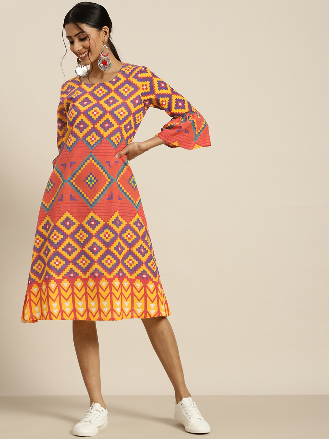 

Sangria Women Yellow & Orange Pure cotton Geometric Print A-Line Dress