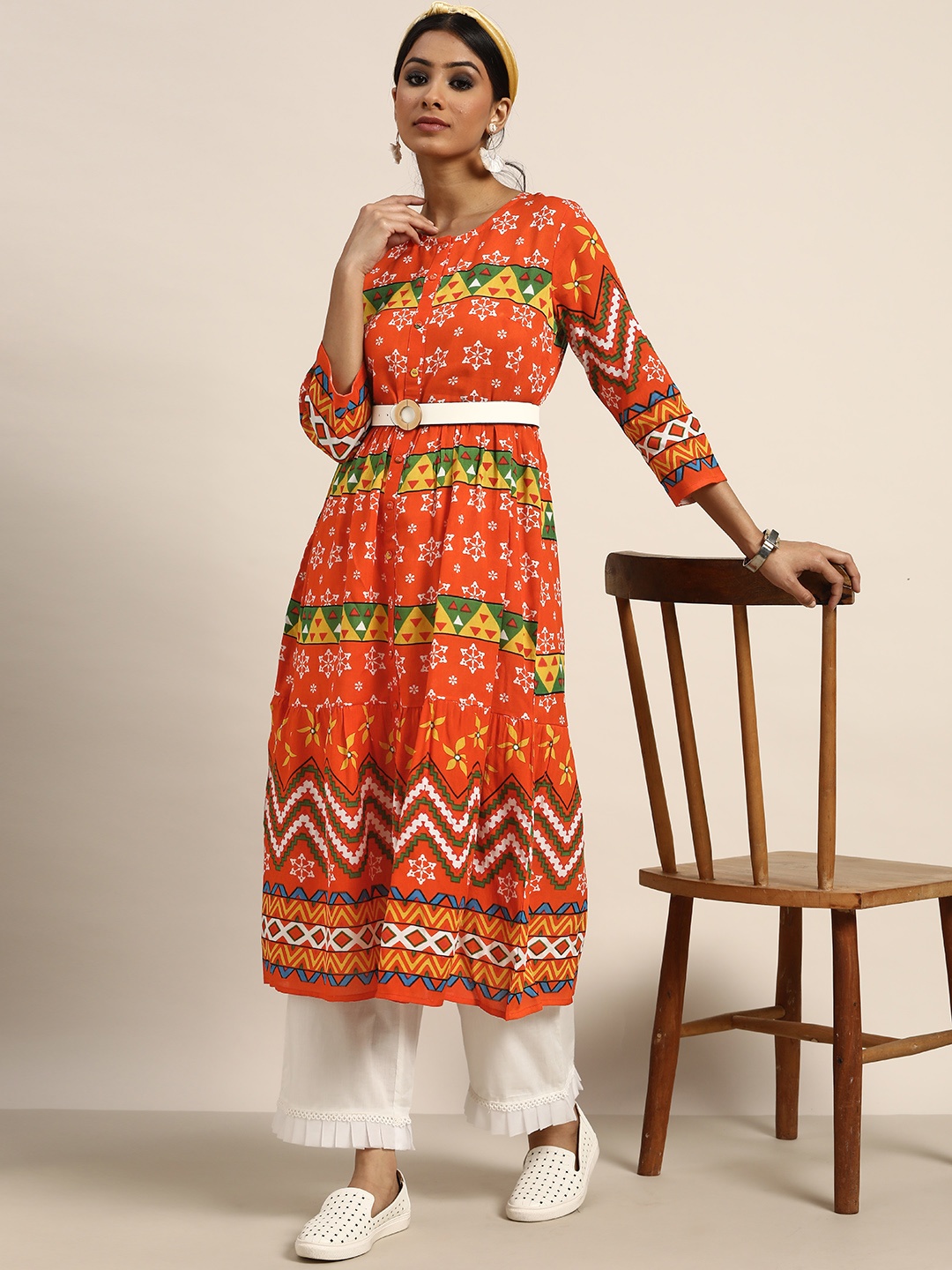 

Sangria Women Orange & White Ethnic Motifs Printed Tiered A-Line Kurta