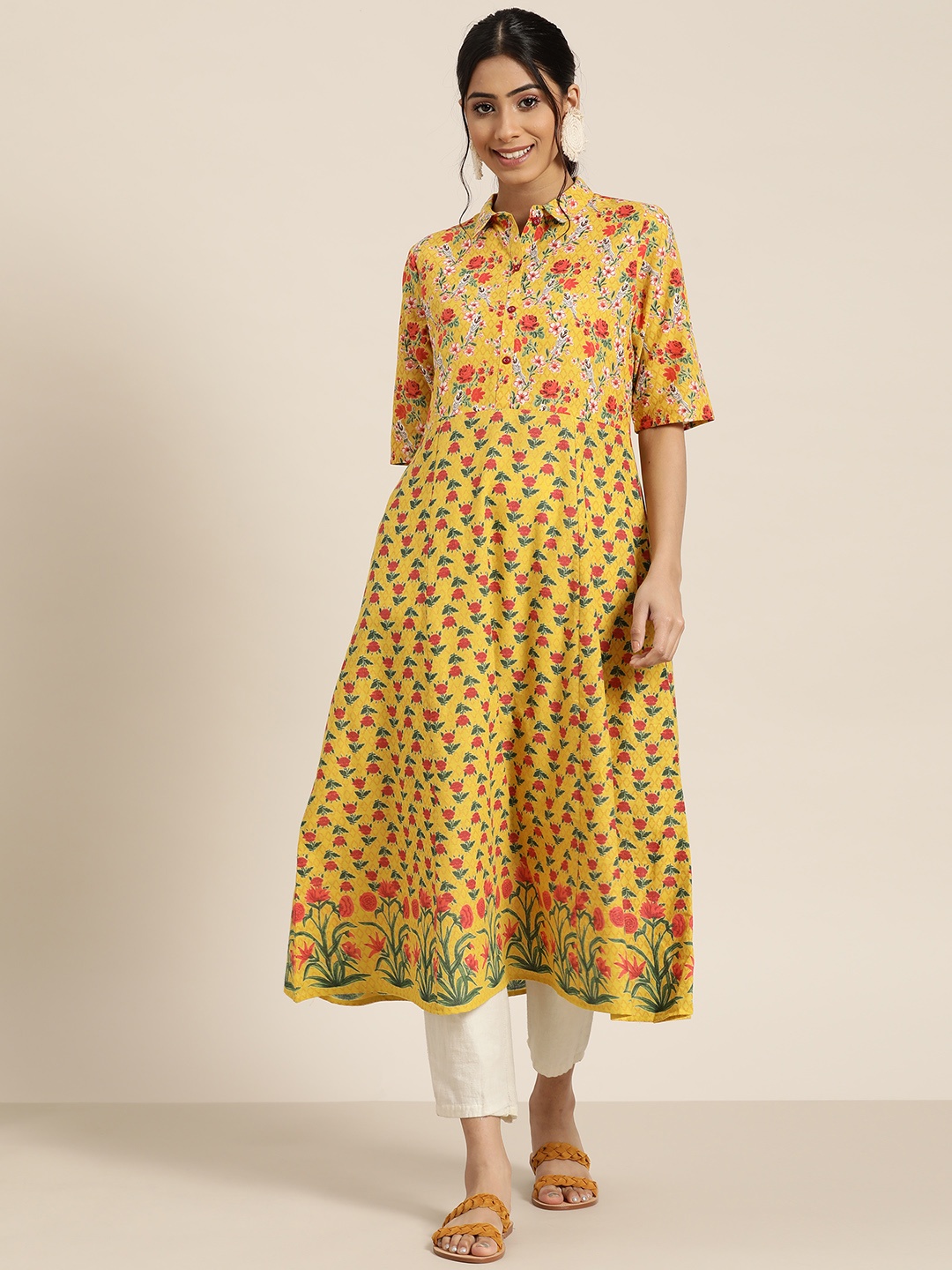 

Sangria Women Mustard Yellow & Red Pure Cotton Floral Print Panelled A-Line Kurta