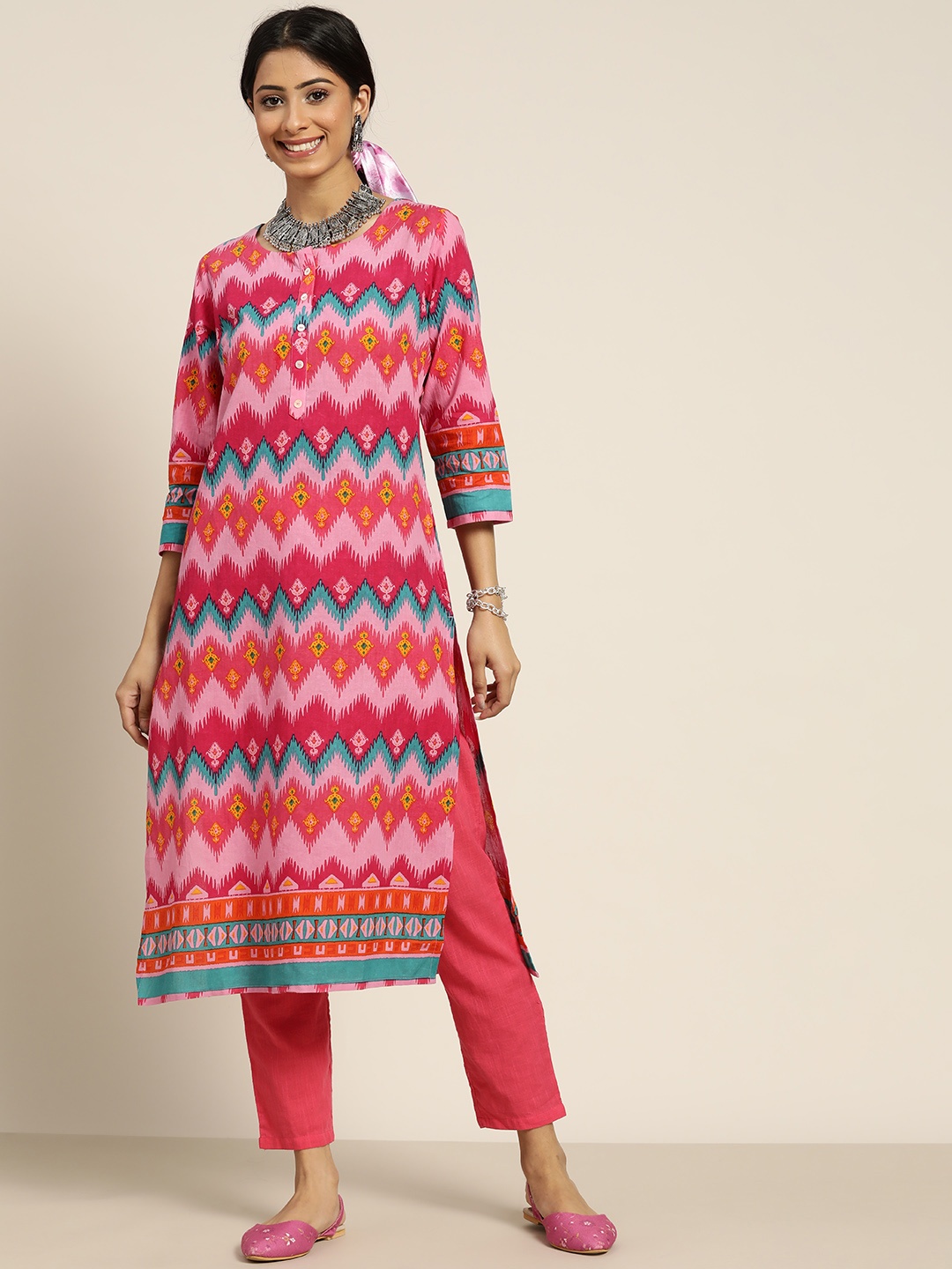 

Sangria Women Pink Chevron Printed Pure Cotton Kurta