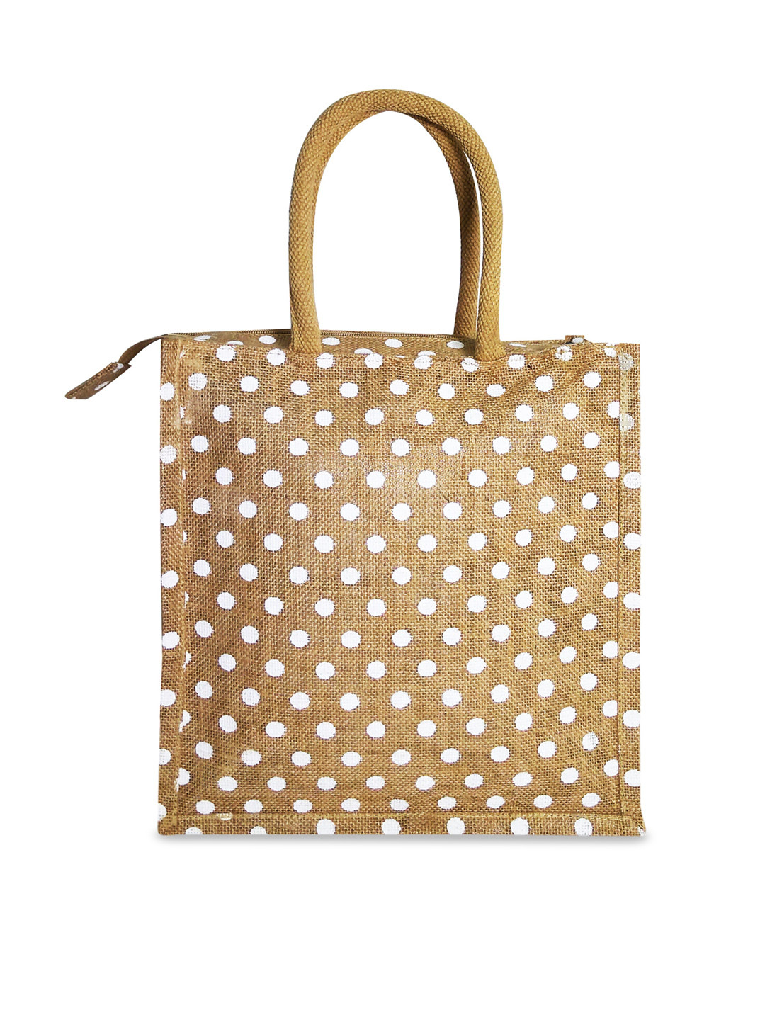 

earthbags Beige & White Polka Dot Printed Jute Lunch Bag