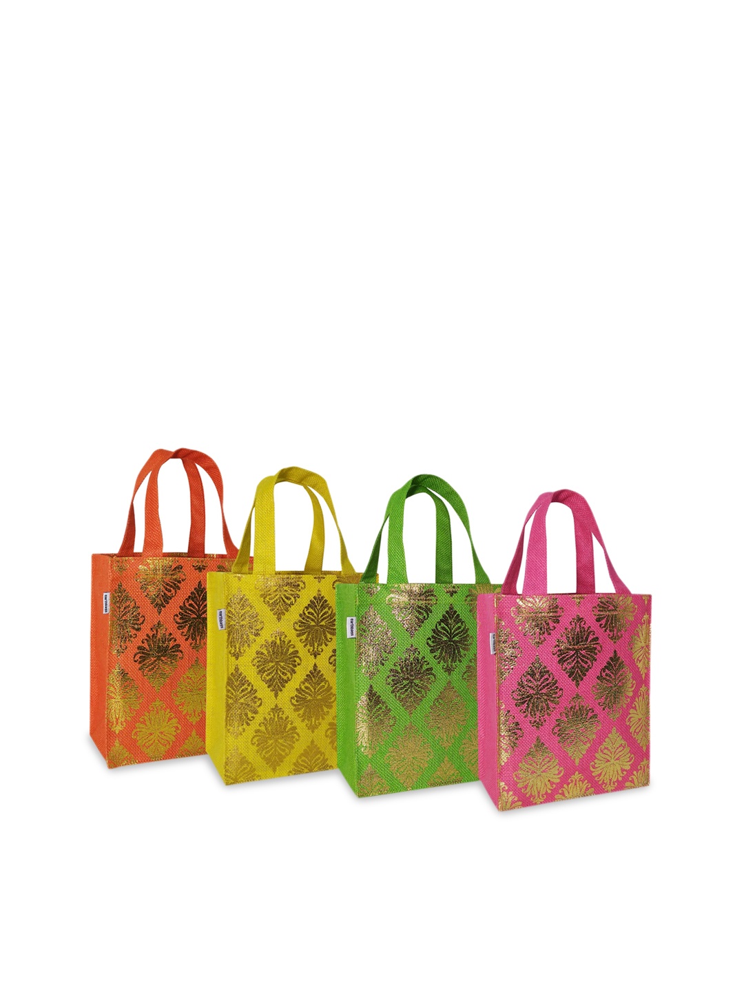 

earthbags Set Of 4 Foil Printed Jute Gift Bags, Yellow